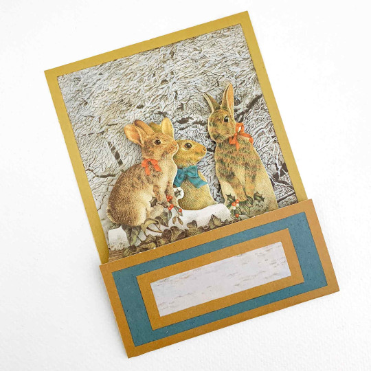 Pop-up Snowy Bunnies with Bows Christmas Card ~ England
